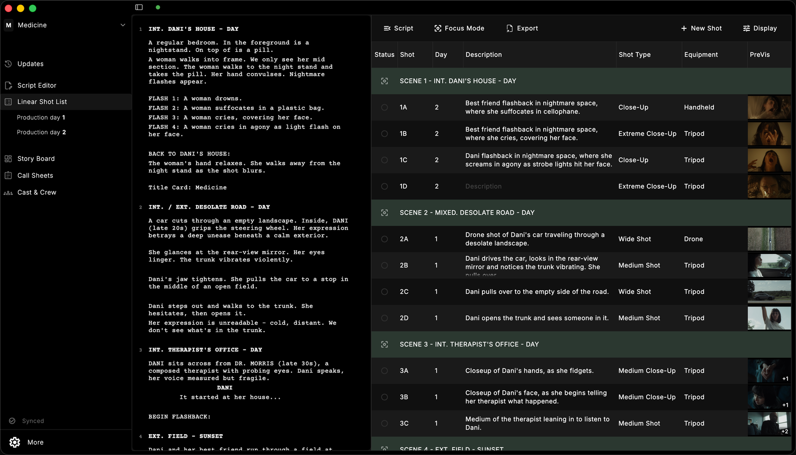CineLog app showing script editor and shot list